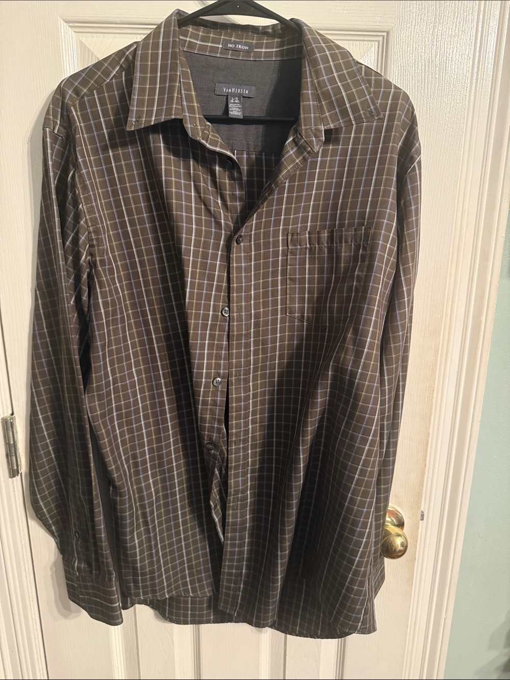 Van Heusen Brown and White Plaid Dress Shirt